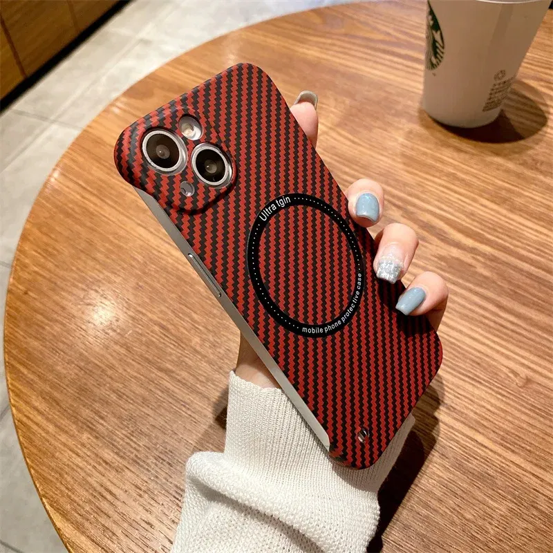 Color: Red, Material: aluminum - Luxury Carbon Fiber for iPhone 11 14 Plus 12 13 Pro Max Magsafe Case Magnetic Wireless Hard Thin Slim Cover for iPhone 13 14 Max