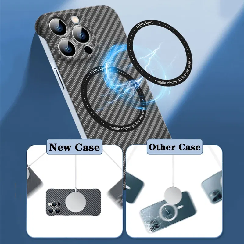 Color: Red, Material: aluminum - Luxury Carbon Fiber for iPhone 11 14 Plus 12 13 Pro Max Magsafe Case Magnetic Wireless Hard Thin Slim Cover for iPhone 13 14 Max