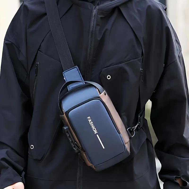 Color: Beige - Men's Sporty High Quality Chest Bag, Motorcycle Phone Pack with Zipper Closure, Secure Travel Bag for Daily Commute