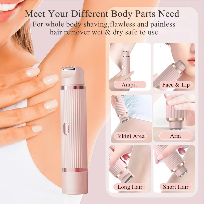 Color: Pink - Electric Shaver for Women Bikini Trimmer Facial Mustache Hair Removal Razor Ladies Face Underarm Legs Electric Painless Epilator