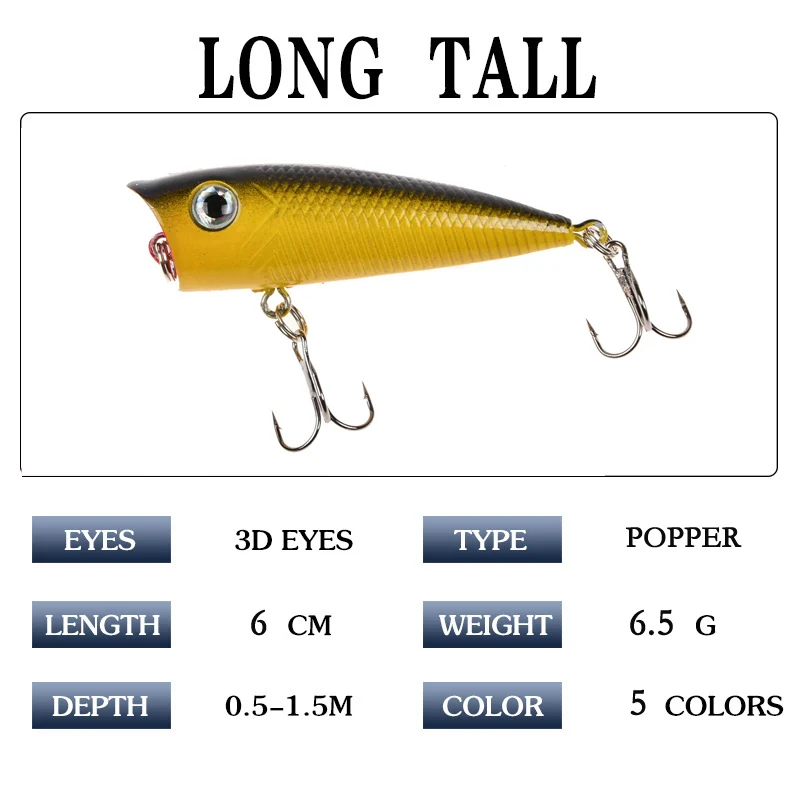 Color: Light Grey - 1pc Popper Fishing Lure 6cm/6.5g Hard Bait Artificial Topwater Bass Trout Pike Wobbler Fishing Tackle with 2 Treble Hooks
