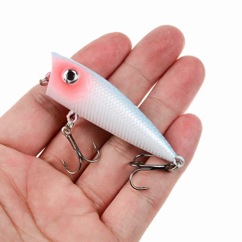 Color: Light Grey - 1pc Popper Fishing Lure 6cm/6.5g Hard Bait Artificial Topwater Bass Trout Pike Wobbler Fishing Tackle with 2 Treble Hooks