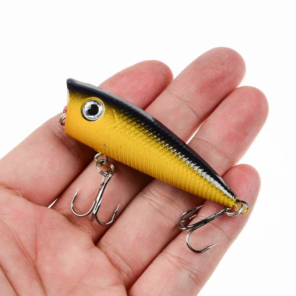 Color: Light Grey - 1pc Popper Fishing Lure 6cm/6.5g Hard Bait Artificial Topwater Bass Trout Pike Wobbler Fishing Tackle with 2 Treble Hooks