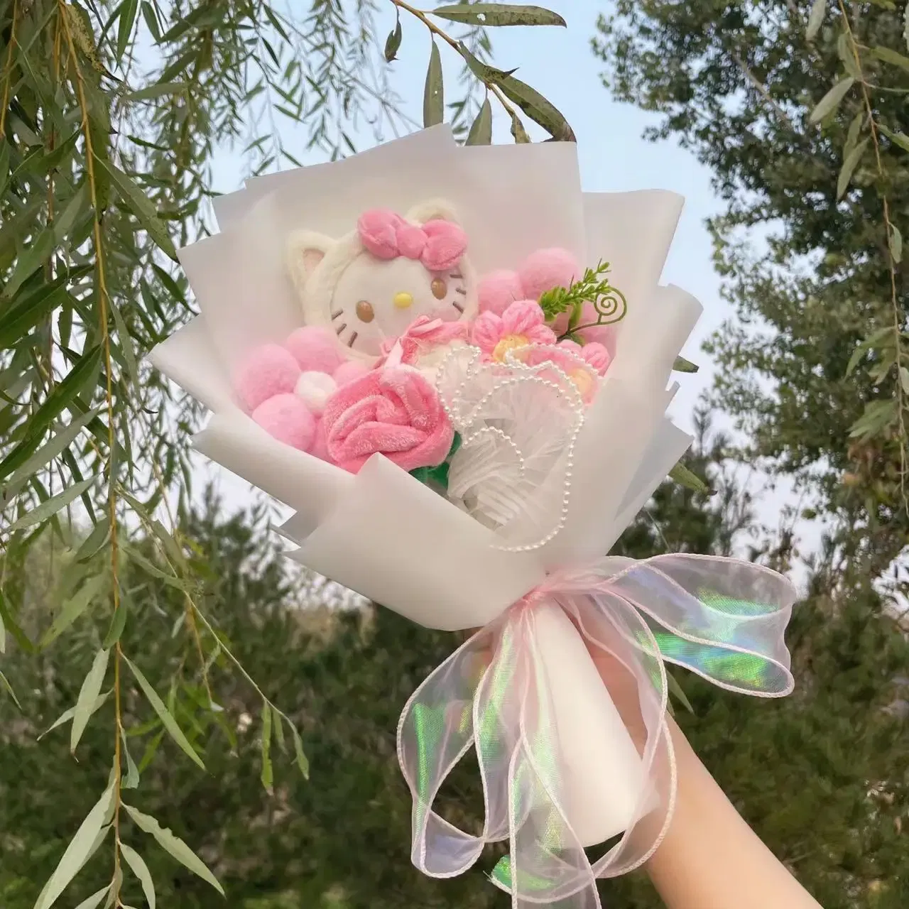 Color: DEEP BLUE - Kawaii Hello Kitty Cat Dolls With Artificial Flowers Creative Bouquet Christmas Valentine Birthday Graduation Gifts