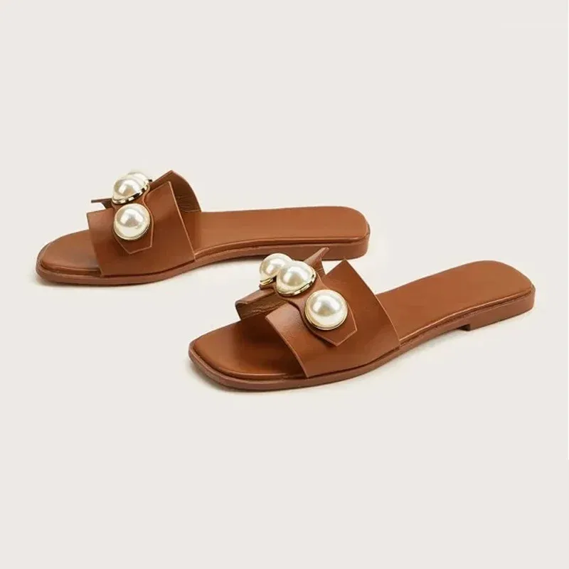 Color: Beige, Shoe Size: 41 - Slippers Women 2025 New Flat Slippers Party Shoes Fashion Pearl Sandals Slippers Roman Women Flip-Flops Casual Beach Shoes Trend