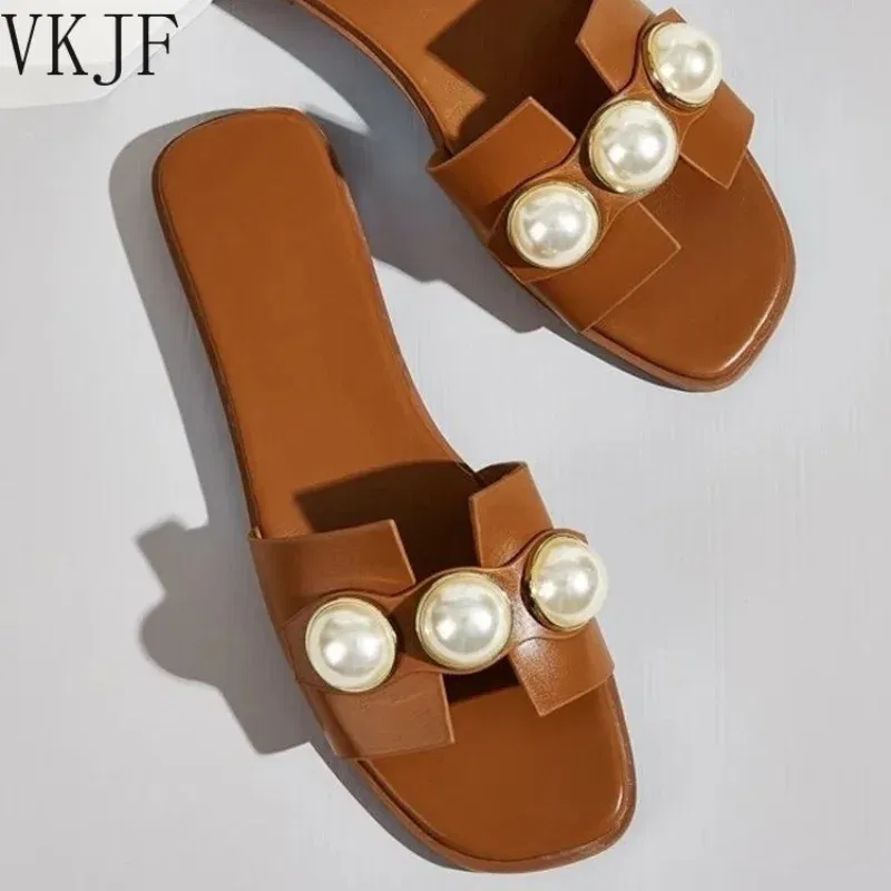 Color: Beige, Shoe Size: 41 - Slippers Women 2025 New Flat Slippers Party Shoes Fashion Pearl Sandals Slippers Roman Women Flip-Flops Casual Beach Shoes Trend