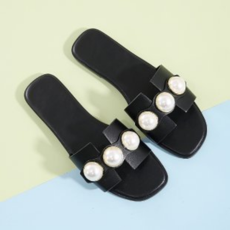 Color: Beige, Shoe Size: 41 - Slippers Women 2025 New Flat Slippers Party Shoes Fashion Pearl Sandals Slippers Roman Women Flip-Flops Casual Beach Shoes Trend