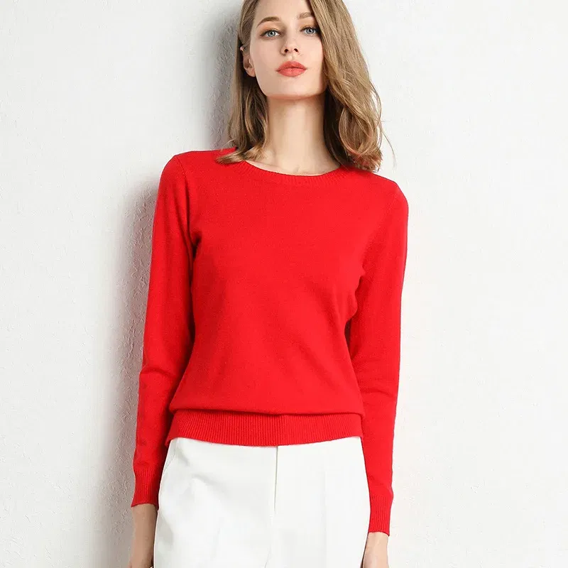 Color: Red, Size: XXL - Women Slim O-Neck Solid Pullover Cashmere Wool Blending Sweater Autumn And Winter Long-Sleeved Knit Bottoming Shirt Large Size