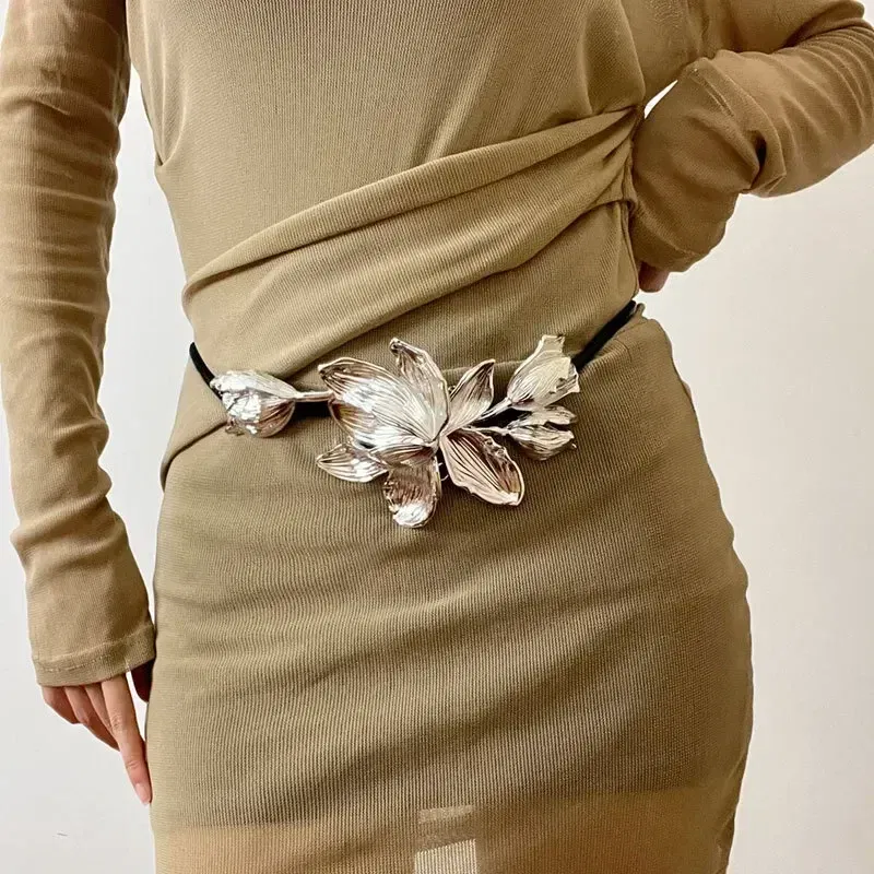 Color: Gold - Women Luxury Fashion Design Metal Tulip Flower Waistband Chain Skirt Pants Dress Jeans Coat Shirt Clothes Decoration Black Belt
