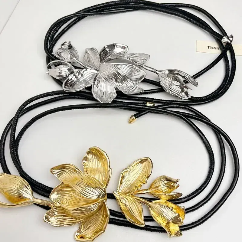 Color: Gold - Women Luxury Fashion Design Metal Tulip Flower Waistband Chain Skirt Pants Dress Jeans Coat Shirt Clothes Decoration Black Belt
