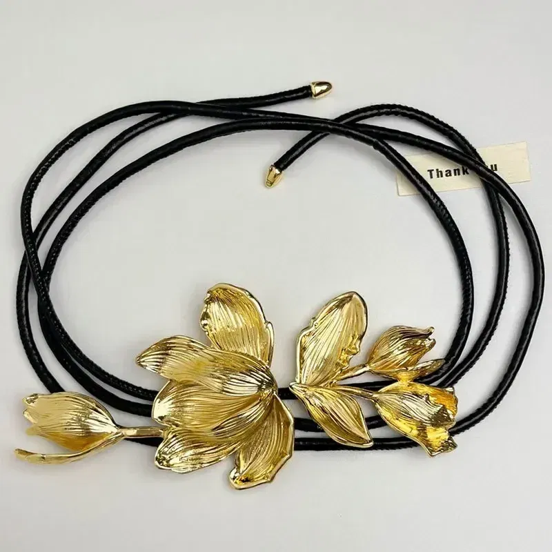 Color: Gold - Women Luxury Fashion Design Metal Tulip Flower Waistband Chain Skirt Pants Dress Jeans Coat Shirt Clothes Decoration Black Belt