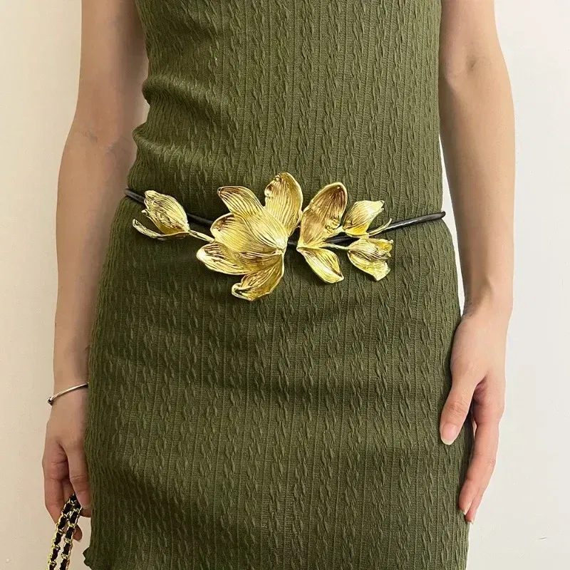 Color: Gold - Women Luxury Fashion Design Metal Tulip Flower Waistband Chain Skirt Pants Dress Jeans Coat Shirt Clothes Decoration Black Belt