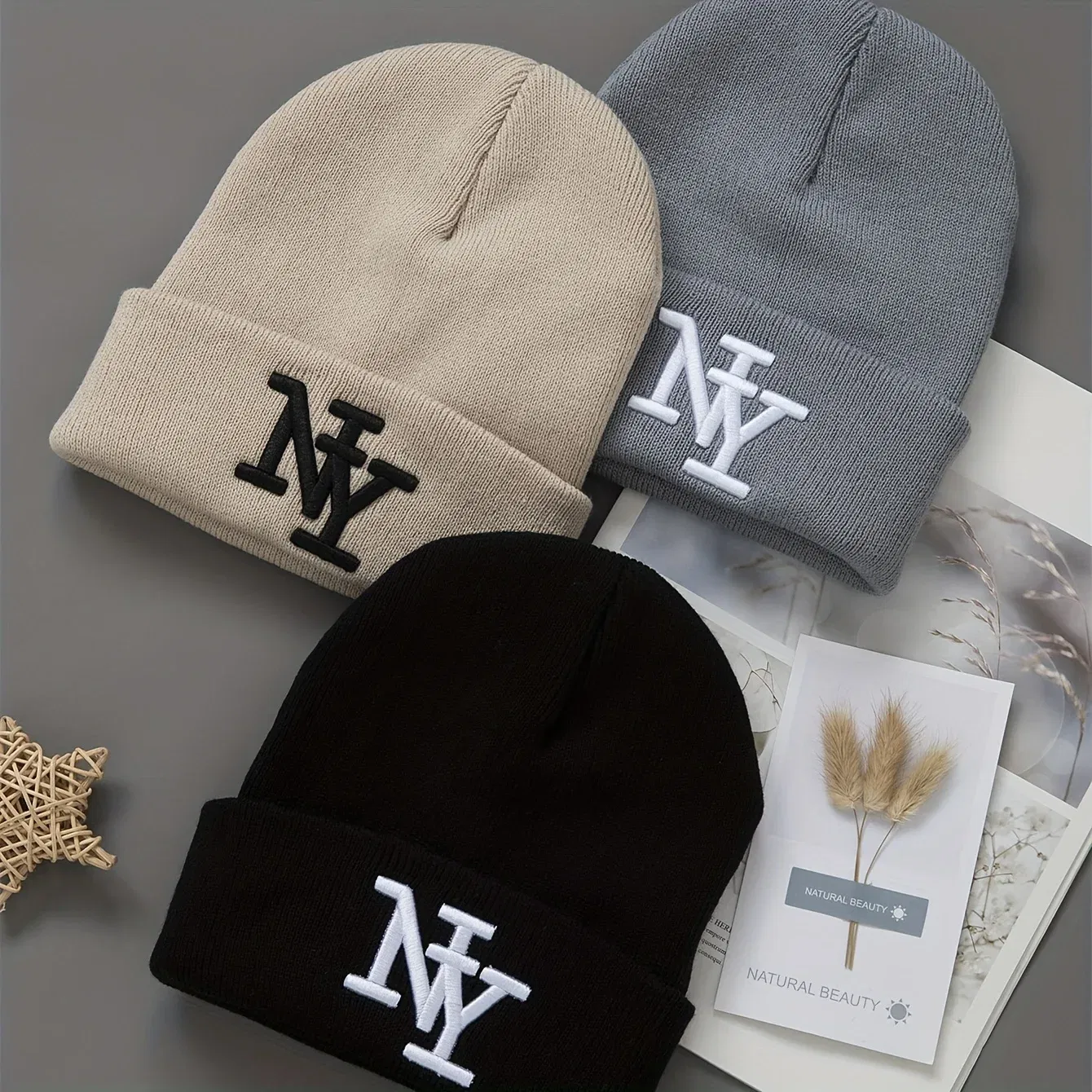 Color: Moonlight Silver - 1/2/3pcs Unisex Winter Beanie Hats, Solid Color Knitted Warm Outdoor Caps with Embroidered NY Logo, Hand Washable, Black