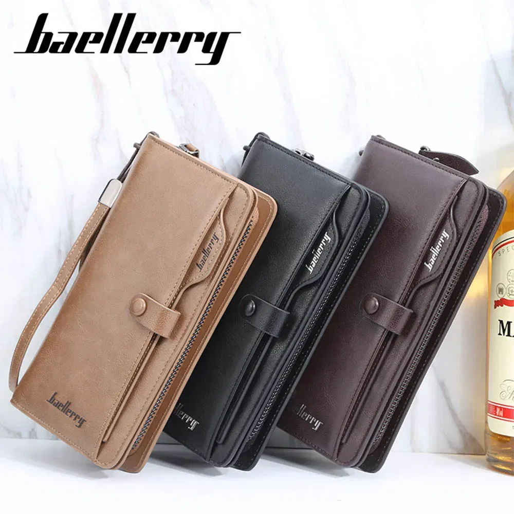 Color: black - 2024 Baellerry Men Long Fashion Wallets Desigh Zipper Card Holder Leather Purse Solid Coin Pocket High Quality Male Purse