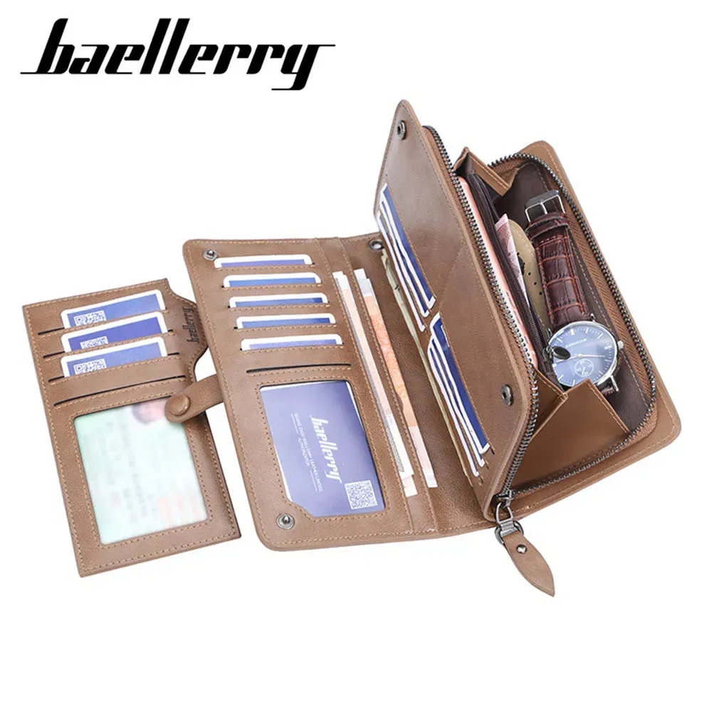 Color: black - 2024 Baellerry Men Long Fashion Wallets Desigh Zipper Card Holder Leather Purse Solid Coin Pocket High Quality Male Purse