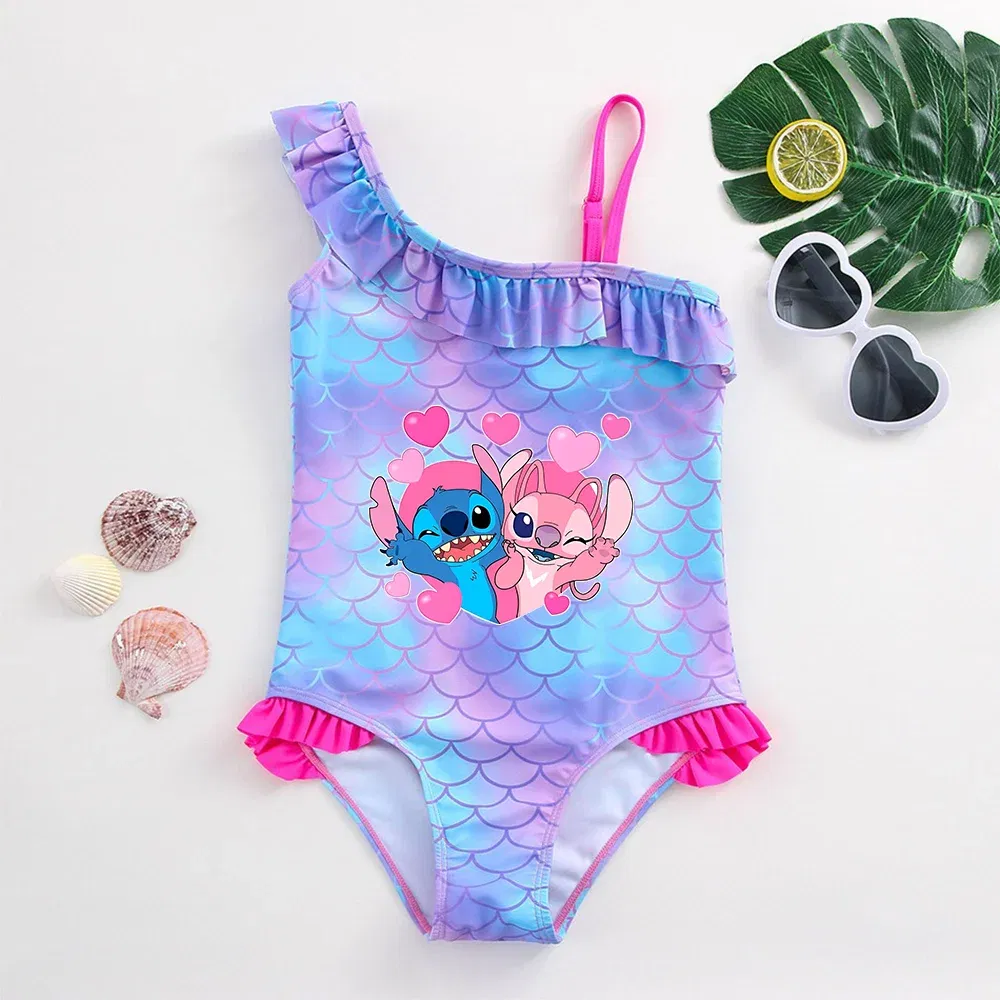 Color: Champagne, Size: S - Stitch Girls Swimsuit Fashion Mermaid Fish Scale One-Piece Bathing Suits Children's Dresses Summer Swimwear Beach Suit Kids Wear
