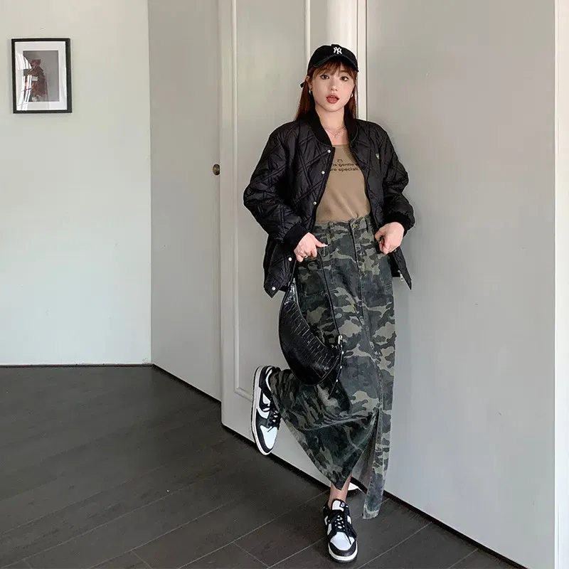 Color: Beige, Size: XXXS - Casual Camouflage Skirt with Pockets Plus Size Women's High Waist A-Line Long Skirt