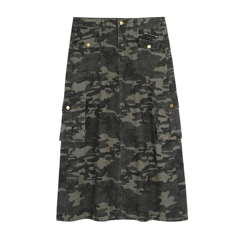 Color: Beige, Size: XXXS - Casual Camouflage Skirt with Pockets Plus Size Women's High Waist A-Line Long Skirt