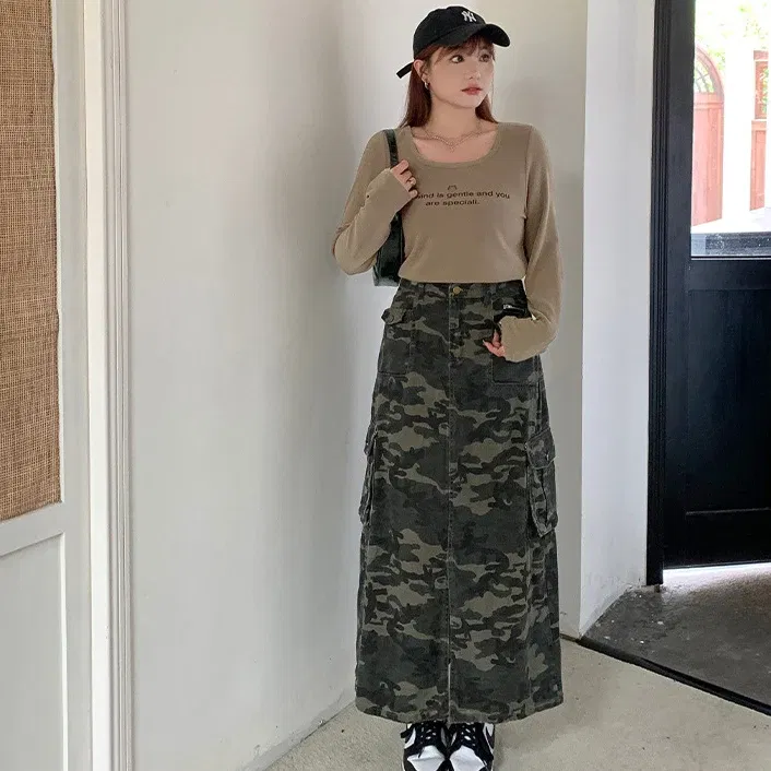 Color: Beige, Size: XXXS - Casual Camouflage Skirt with Pockets Plus Size Women's High Waist A-Line Long Skirt
