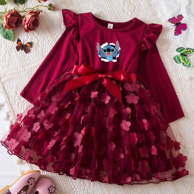 Color: Turquoise, Size: One Size, Height: 158 - Lilo Stitch Girl Baby Dresses Spring Autumn Child Long Sleeve Sweet Princess Dress Mesh Newborn Casual Dress Birthday Party 2-6Y