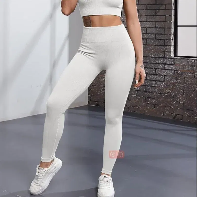 Color: Pink, Size: L - Seamless Knit Yoga Leggings Women Thread Solid Tights Gym Workout Running Stretchy High Waist Hip Liftting Skinny Gym Leggings