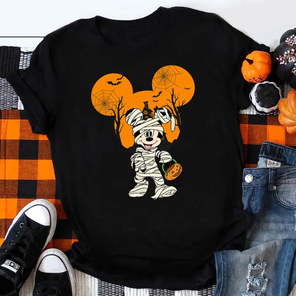 Color: army green, Kid Size: 7 - Funny Mickey Minnie Mummy Print Disney Children Cotton T Shirts Trick Treat Fashion Halloween Cute Kid Clothes Girls Streetwear