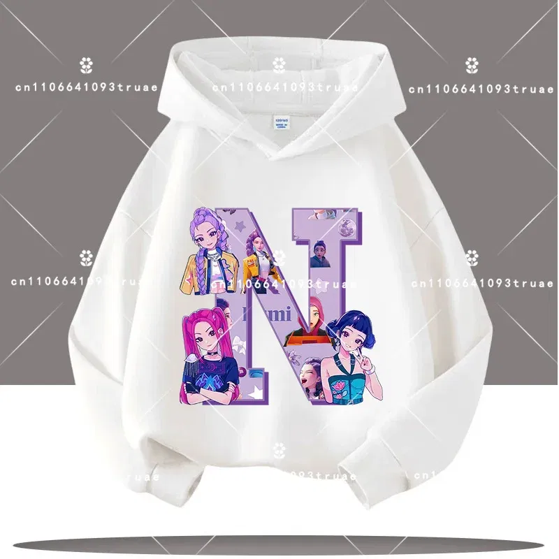 Color: Khaki, Kid Size: 4 - K-pop Demon Hunters Letter A-Z 3-12 Year Old Children Hooded Sweatshirt Girls' Casual Shirt Boys' Sports Shirt Cartoon Print