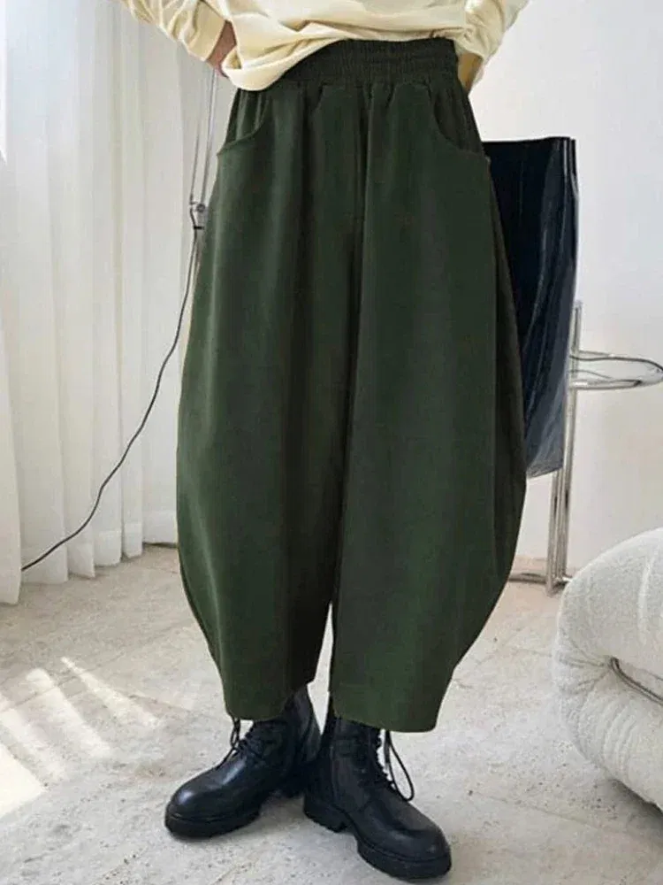 Color: green, Size: L - 2023 Autumn Casual Harem Pants Women Cotton High Waisted Trousers Retro Loose Bloomers Women's Oversize Pants Baggy Sweatpants