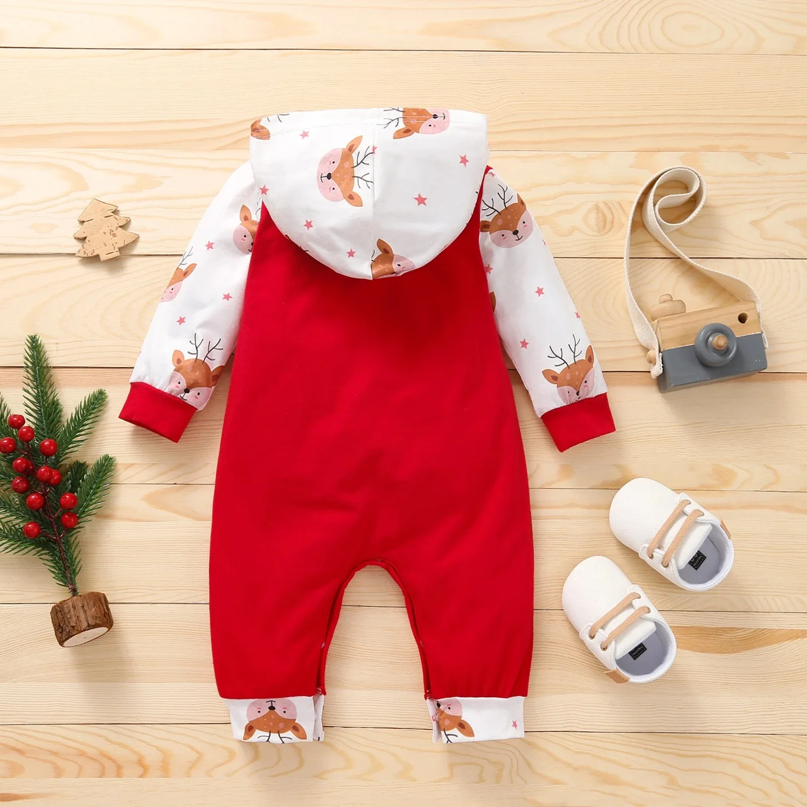 Color: Red, Kid Size: 9M - Autumn Baby Girl Deer Print Christmas Jumpsuit Long-Sleeved Front Patch Pocket Hooded Jumpsuit