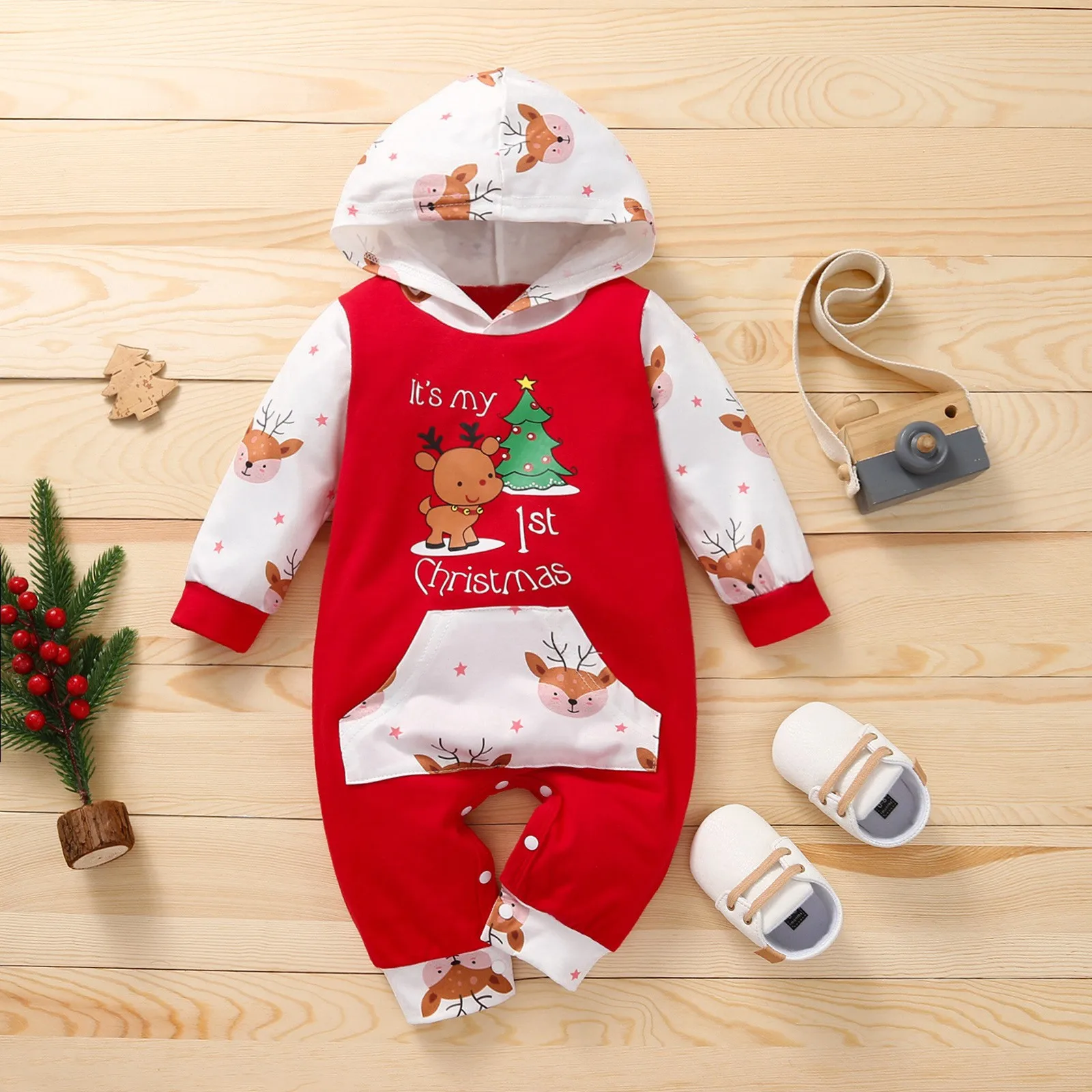Color: Red, Kid Size: 9M - Autumn Baby Girl Deer Print Christmas Jumpsuit Long-Sleeved Front Patch Pocket Hooded Jumpsuit