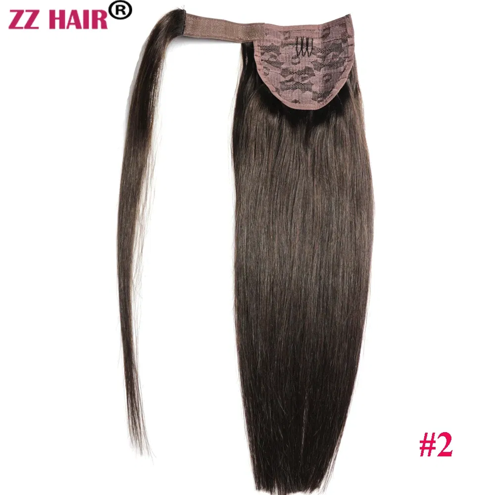 Color: #2, Life Span: 6 Months With Proper Care, Stretched Length: 22INCHES, Longest Hair Proportion: 35%-45% - ZZHAIR 100% Human Hair Extensions 16"-28" Machine Made Remy Magic Wrap Around Ponytail 60g-120g Clip In Horsetail Stragiht