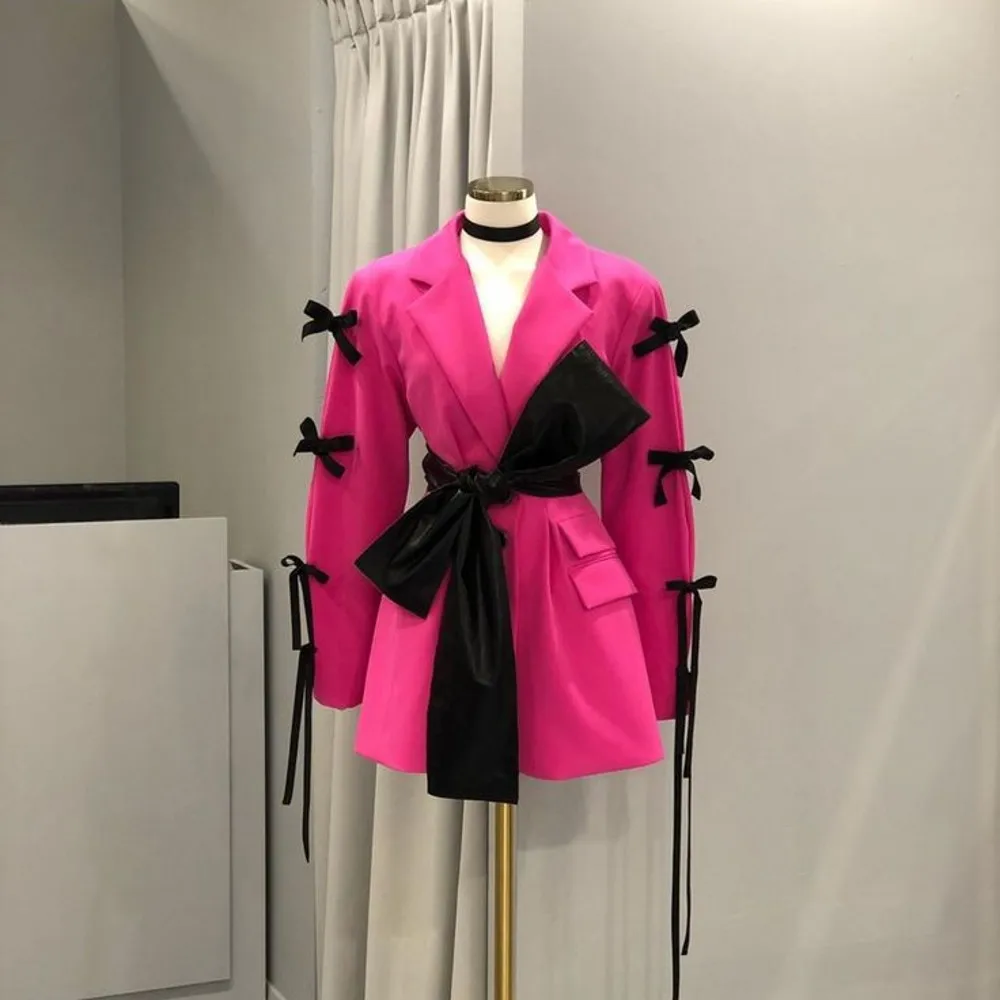 Real Image Fuchsia Women Blazer Coats With Cute Bow Details Women Outerwear Outerfit Blazers Femme Blazer Mujer
