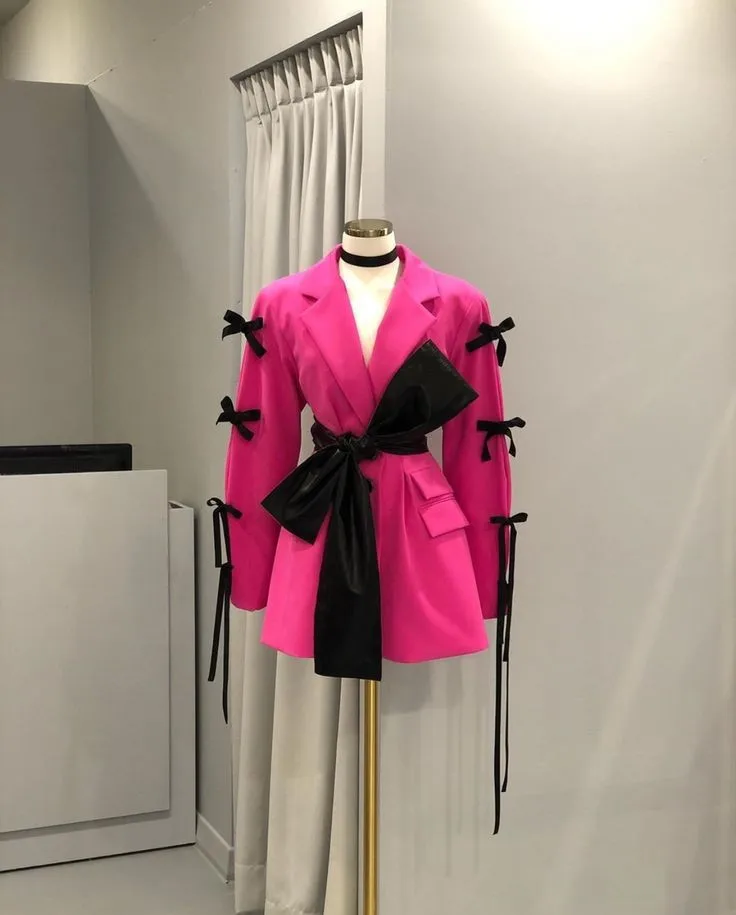 Real Image Fuchsia Women Blazer Coats With Cute Bow Details Women Outerwear Outerfit Blazers Femme Blazer Mujer