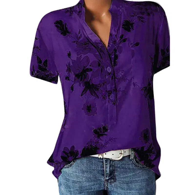Color: WHITE, Size: L - Temperament new women's shirt printing large size casual shirt loose V-neck short-sleeved shirt blouse