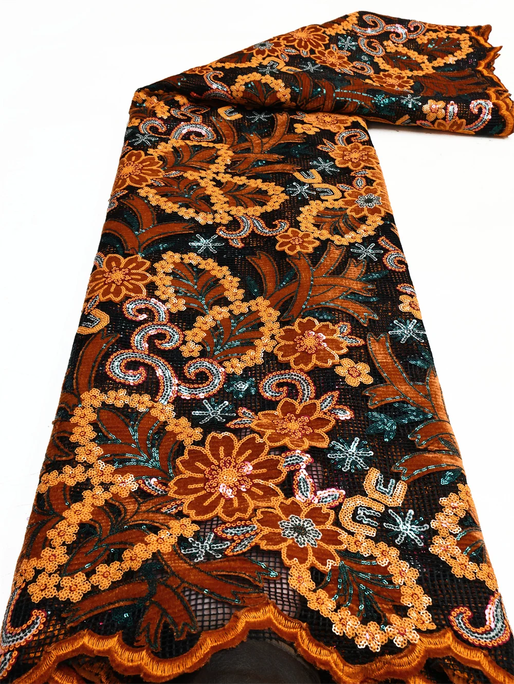 Color: BROWN, length: 5 yards, Width: 120cm - African Velvet Lace Fabric, High Quality Elegant Nigerian Wedding Sequins Lace Fabrics 5 Yards Laser Cutting French Tulle Laces