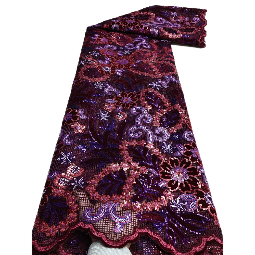 Color: BROWN, length: 5 yards, Width: 120cm - African Velvet Lace Fabric, High Quality Elegant Nigerian Wedding Sequins Lace Fabrics 5 Yards Laser Cutting French Tulle Laces