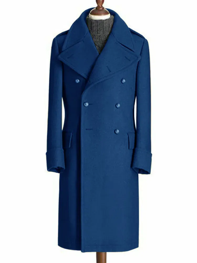 Color: Blue, Size: 5XL - Windbreak Men's Jacket Wool Long Coat Lapel Double Breasted Men's Trench Coats Windbreakers Jackets Man Winter 2023 Martens Male