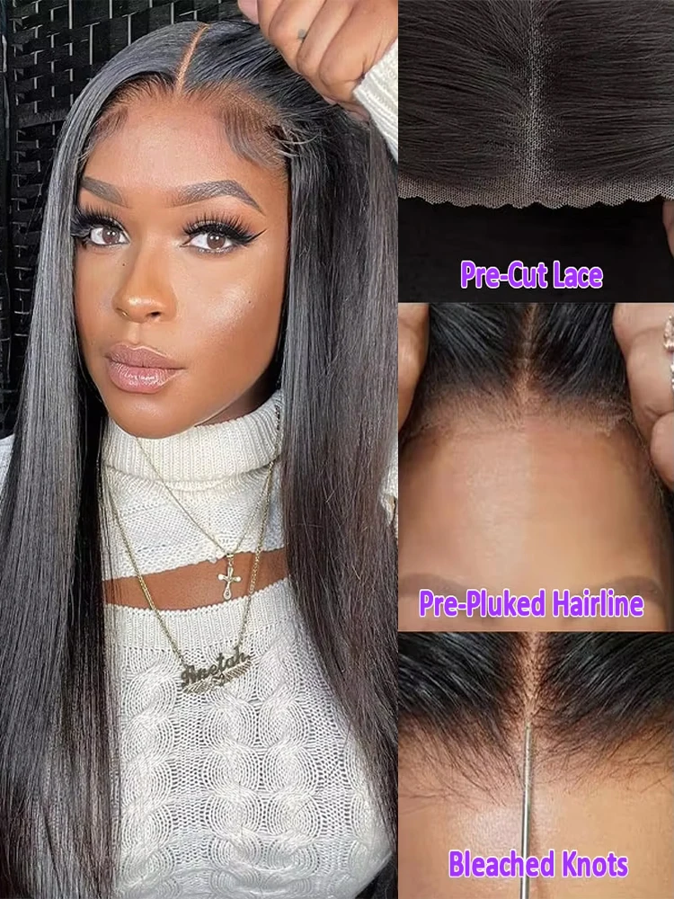 Hair Color: #1, Density: 220%, Ships From: CHINA, Stretched Length: 24inches - 5x5 Glueless Wig Wear and Go Human Hair Ready To Wear HD Lace Glueless Wigs Bone Straight Lace Front Human Hair Wig For Women