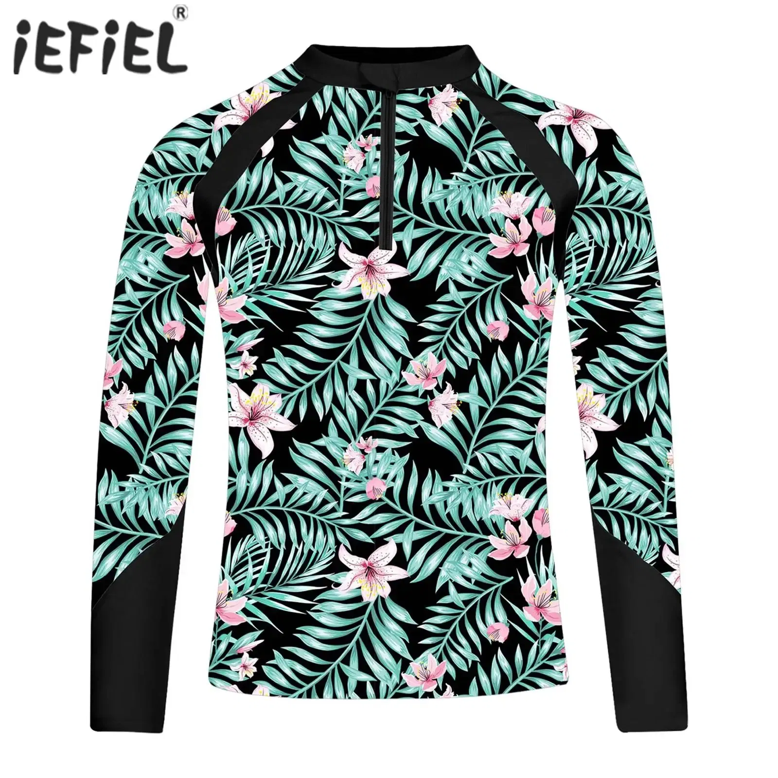 Color: Brown, Kid Size: 6M - Kids Girls Swim Top Floral Printed Rash Guard T Shirt Mock Neck Long Sleeve Pool Party Beachwear UPF 50+ Surfing Bathing Tops