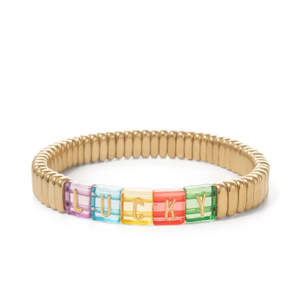 Metal Color: Light Yellow Gold Color, Ships From: CHINA - Wholesale Gold Silver Color Elastic Bracelets Handmade Letter Charms Bracelets For Women 2X8MM Beads Bracelets Bohemain Jewelry