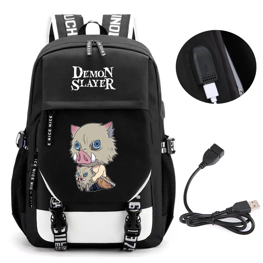 Color: Khaki - Anime Demon Slayer Kamado Nezuko Backpack School Book Bags Mochila Travel USB Port Bag Laptop Boy Girls Gift