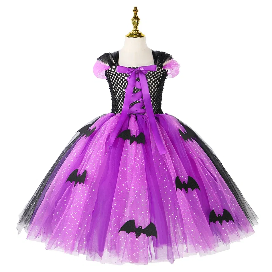 Color: MULTI, Kid Size: 11 - Halloween Witch Tutu Dress for Girls Handmade Mesh Bat Wizard Cosplay Costumes with Hat Broom Toddler Evil Party Clothes Set