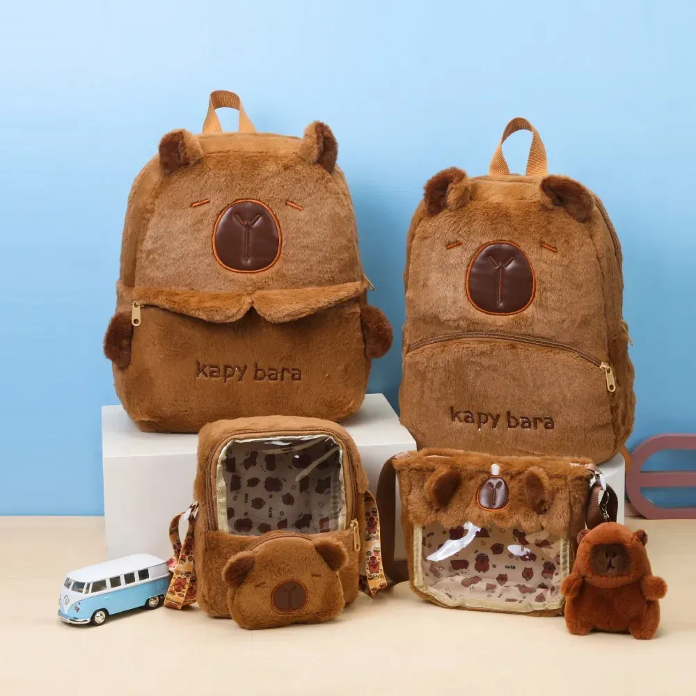 Color: Beige - Shoulder Bag Capybara Plush Backpack Animals Students School Bag Couple