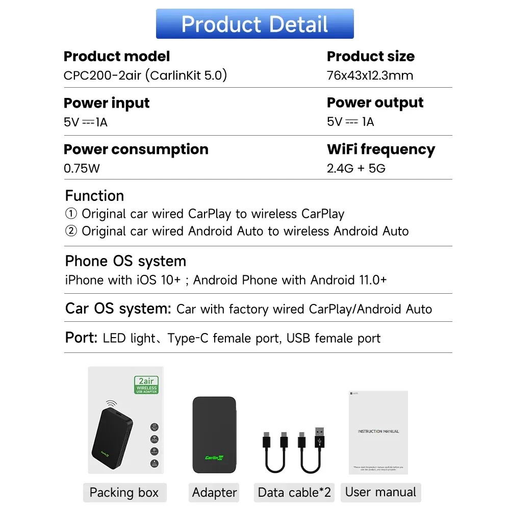 Color: WHITE, Ships From: CHINA - Carlinkit 5.0 2air CarPlay Android Auto Wired to Wireless Adapter for Carplay Android Auto BLE WIFI Wireless