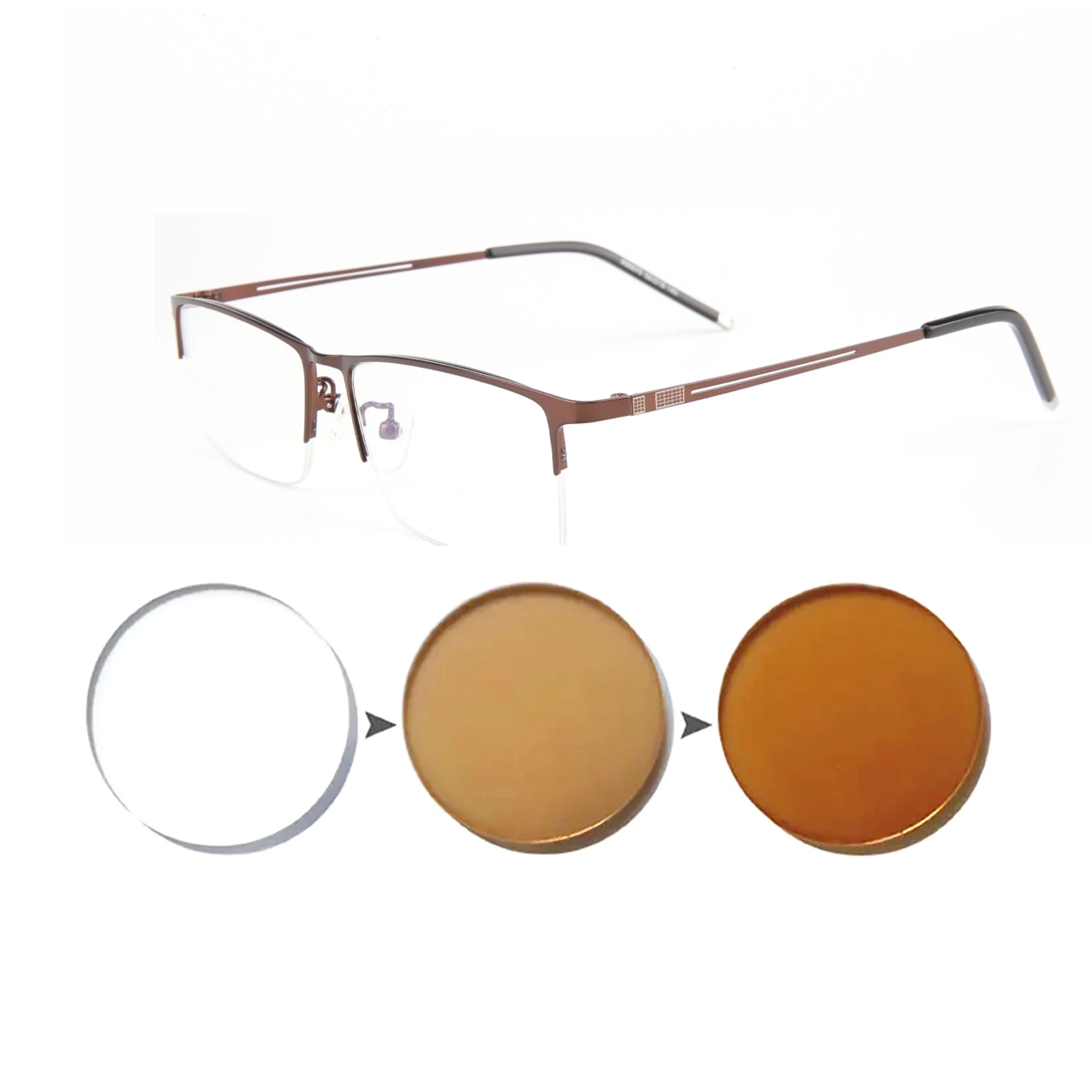 Frame Color: Yellow, Eye Prescription: +175 - Sun Photochromic Finished Myopia Glasses Women Men Metal Half Frame Chameleon Short-sight Eyewear0 -0.5 -0.75 -1.0 To -6.0
