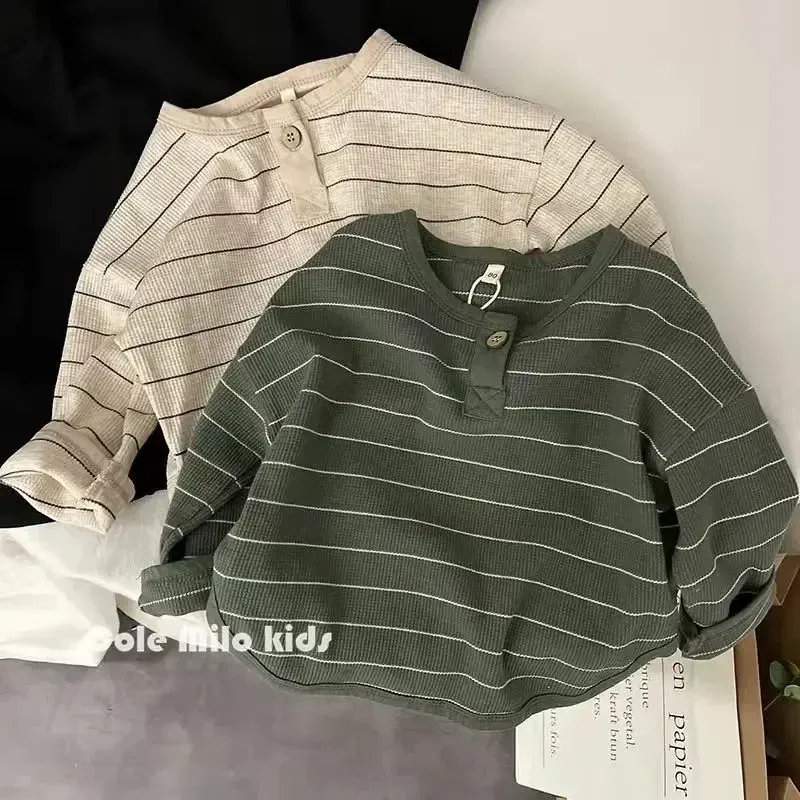 Color: green, Kid Size: 134 - Korean Children's Striped T-shirt 2024 Spring Boys and Girls' Long Sleeve T-shirt Bottom Shirt Baby Loose Top
