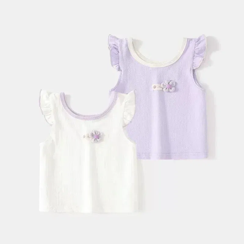 Color: WHITE, Kid Size: 12M - New Girls' Camisole Vest Summer Thin Children's Sleeveless T-shirt Baby Small Flying Sleeve Top Girls Summer Clothing