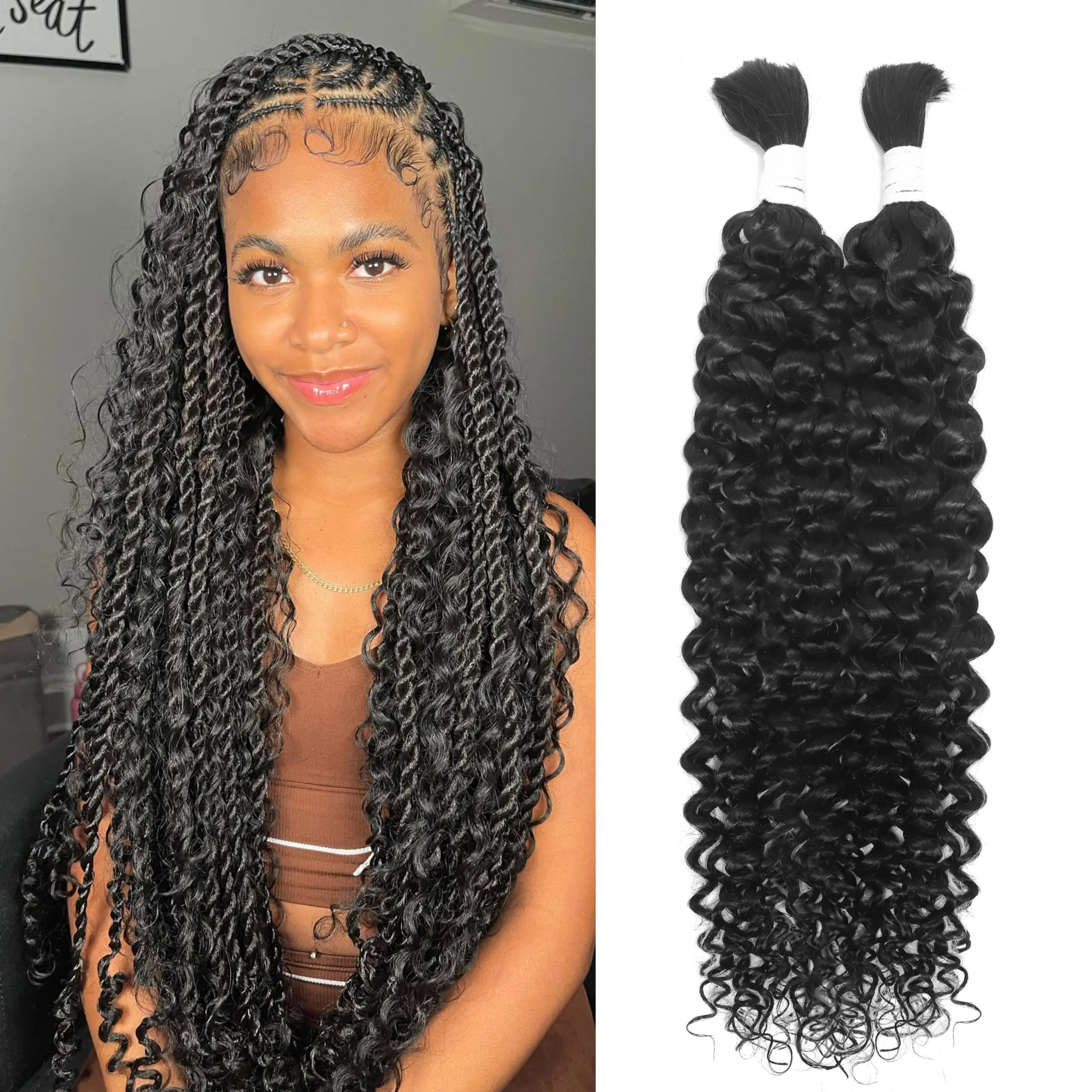 Color: Natural Color, Material Grade: virgin hair, Stretched Length: 24inches, Bulk Buy: 3Pcs/Lot - Bulk hair braiding Water Wave Bulk 18 inch human hair Boho braids with for knotless box or curly loose wave