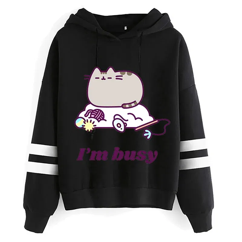 Color: green, Size: S - Women Ullzang Cute Cat Funny Cartoon Sweatshirt Pusheen Cat Kawaii Harajuku Korean Style Hoodies Graphic Fashion Hoody Female