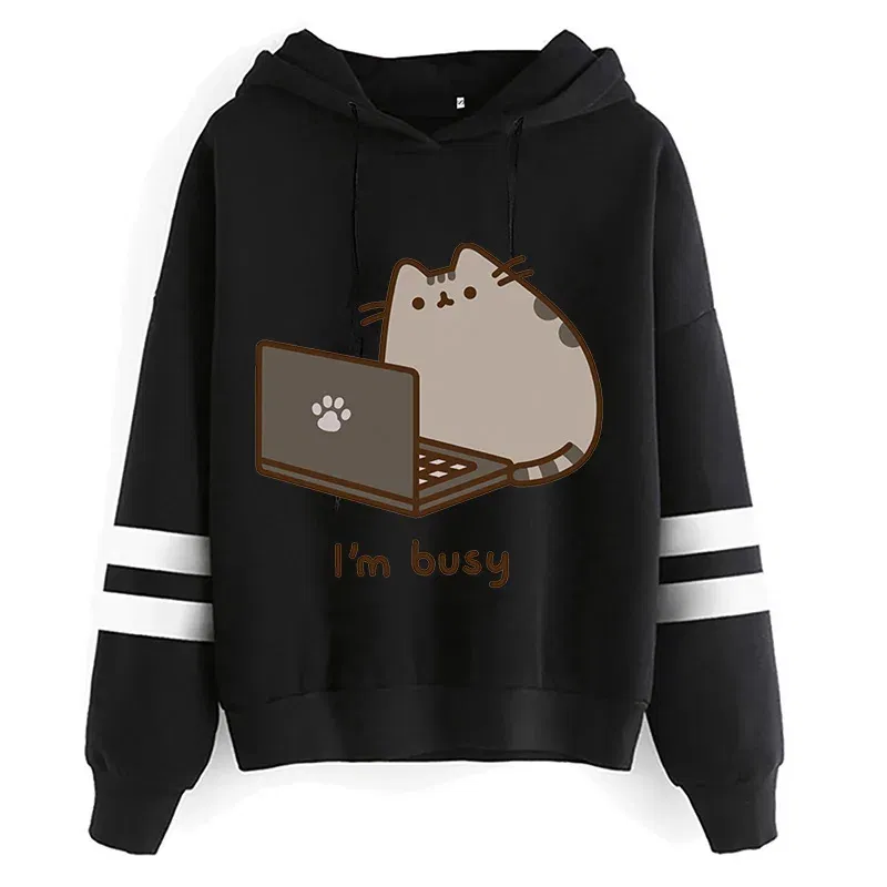 Color: green, Size: S - Women Ullzang Cute Cat Funny Cartoon Sweatshirt Pusheen Cat Kawaii Harajuku Korean Style Hoodies Graphic Fashion Hoody Female